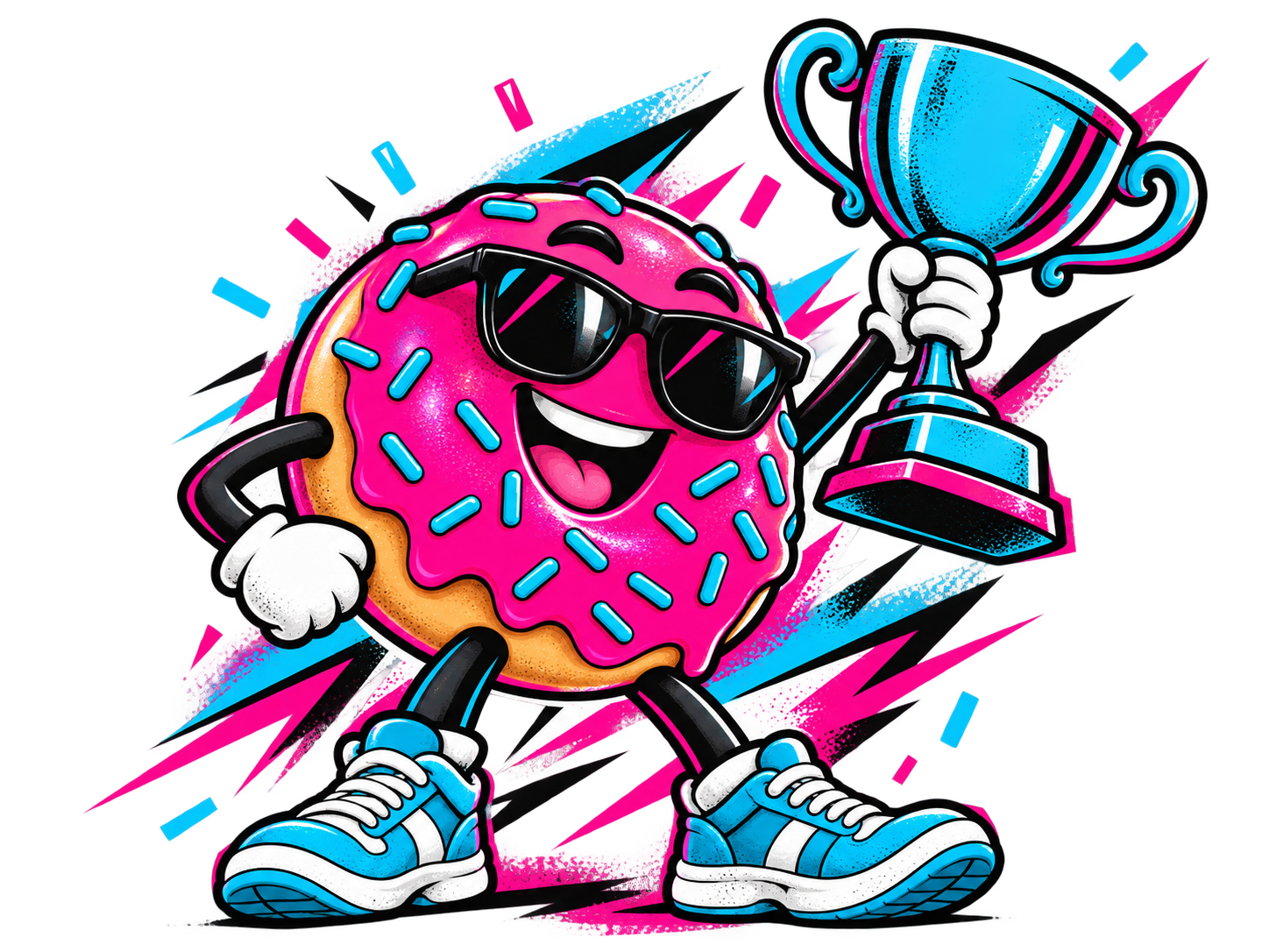 Illustration of the Average Joe Run donut mascot celebrating with a trophy, surrounded by pink and blue race graphics