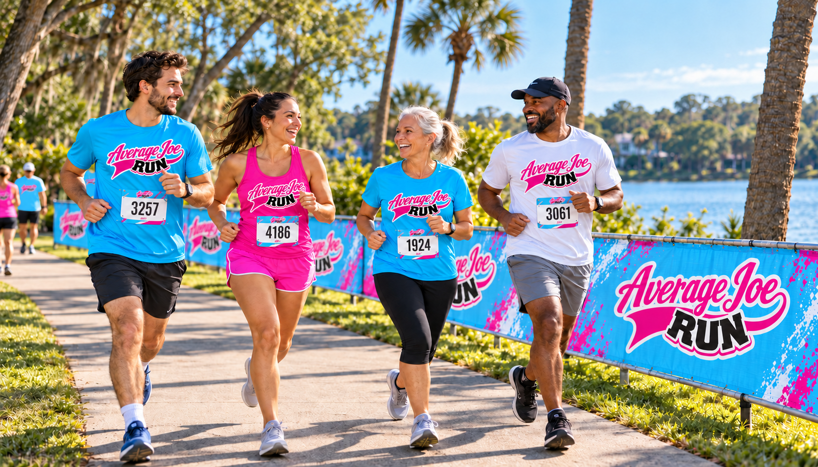 Average Joe Run campaign concept: Friends jogging together on a green lakeside park path beside an Average Joe Run course banner.