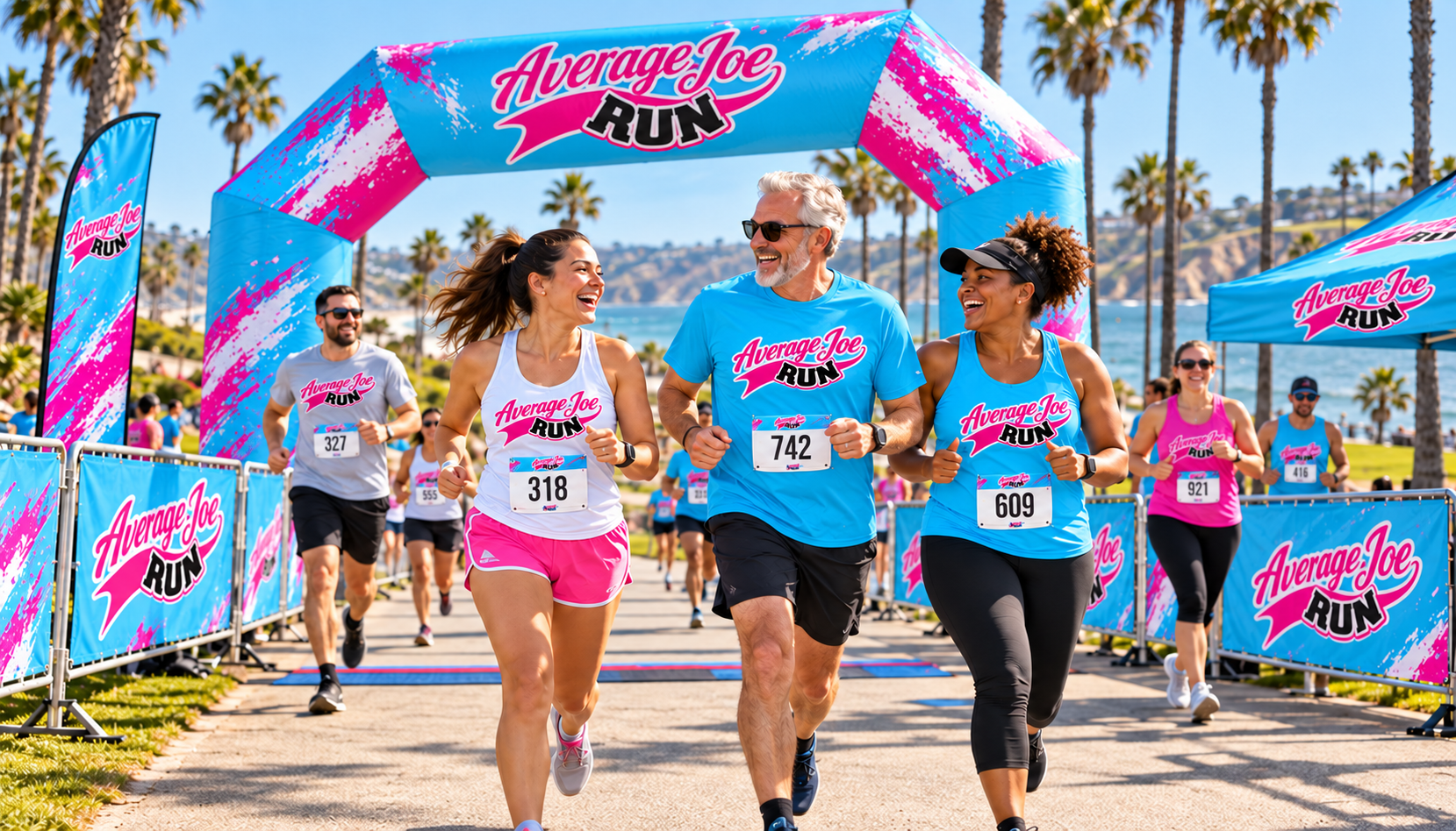 Average Joe Run campaign concept: Friends of different ages running and walking near an AJR finish arch in a sunny coastal park.