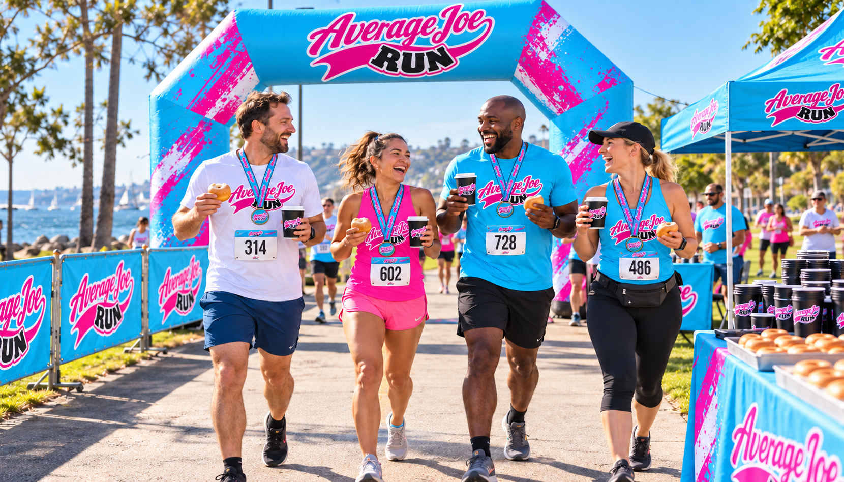 Average Joe Run campaign concept: Friends celebrating with medals, donuts and coffee beside an AJR finish area in a waterfront park.