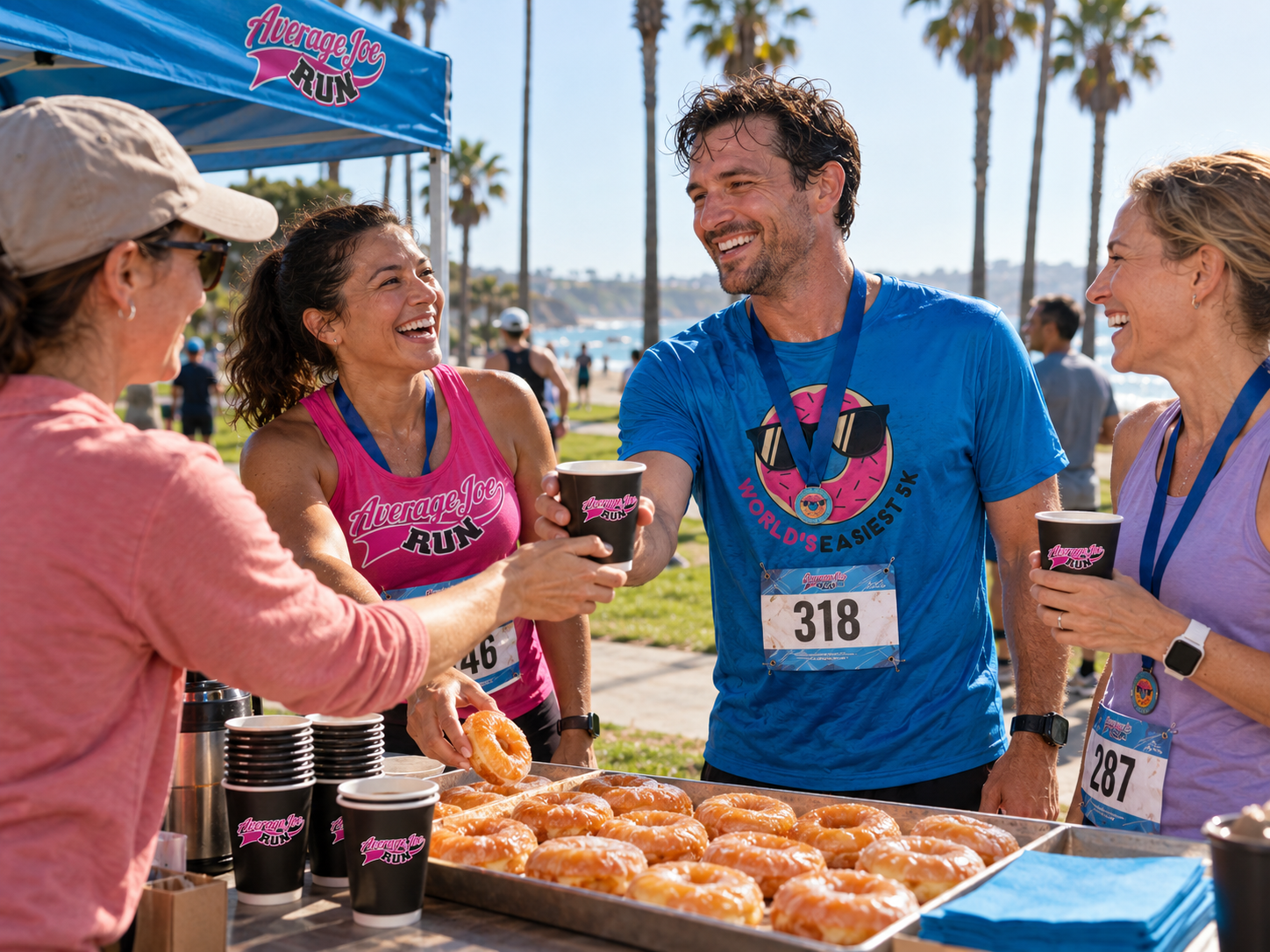 Average Joe Run campaign concept: a volunteer serving coffee to runners in pink and blue beside a tray of donuts