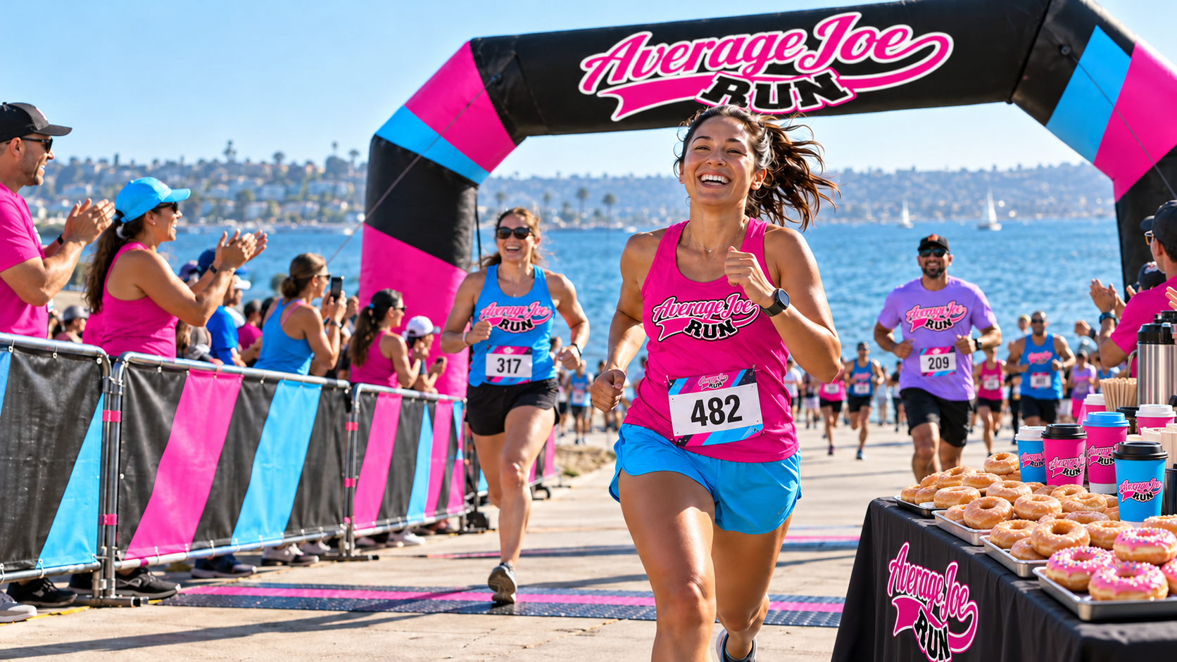 Average Joe Run campaign concept: runners and cheering spectators beneath the AJR finish arch beside the bay, with trays of donuts and branded coffee cups at a finish-line refreshment table.